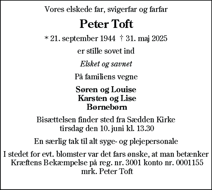 Dødsannonce for Peter Toft