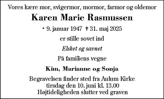 Dødsannonce for Karen Marie Rasmussen