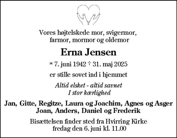 Dødsannonce for Erna Jensen