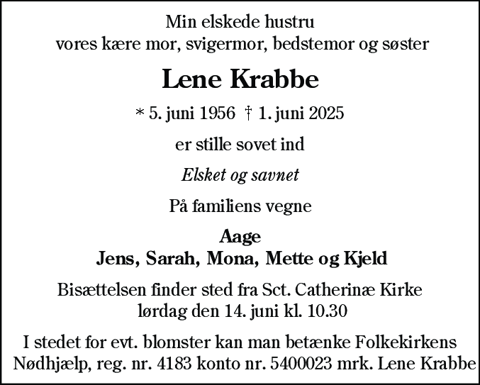 Dødsannonce for Lene Krabbe