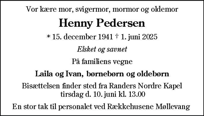 Dødsannonce for Henny Viola Pedersen