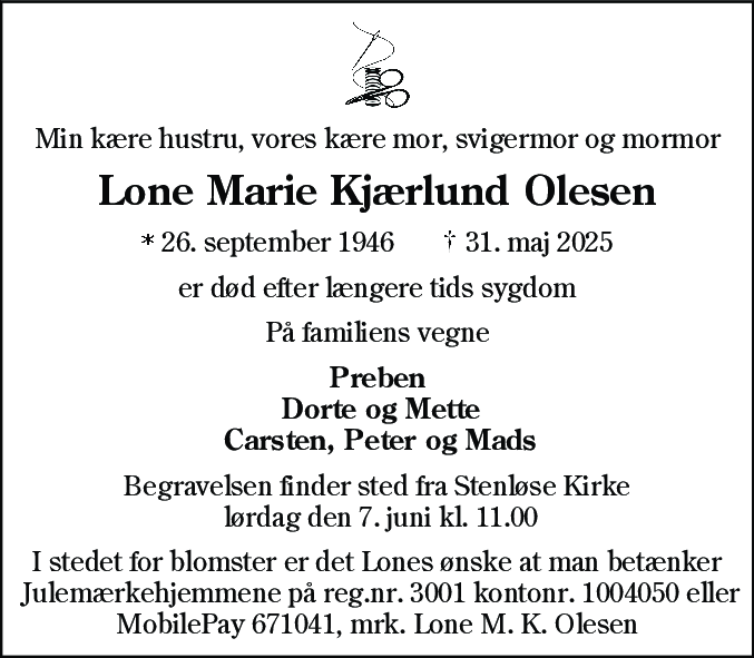 Dødsannonce for Lone Marie Kjærlund Olesen