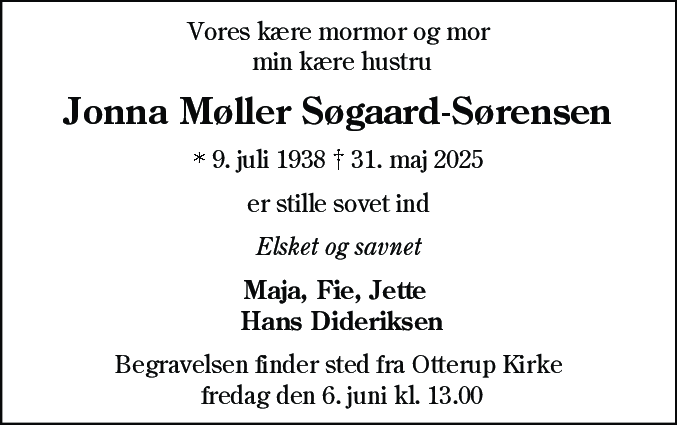 Dødsannonce for Jonna Møller Søgaard-Sørensen