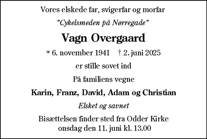 Dødsannonce for Vagn Overgaard