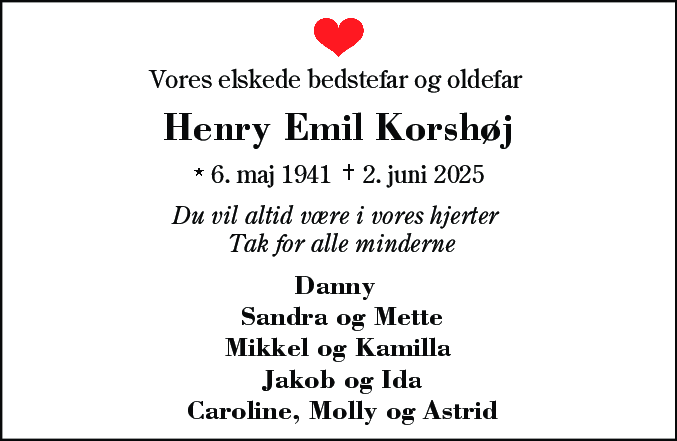 Dødsannonce for Henry Emil Korshøj