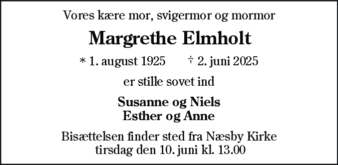 Dødsannonce for Anna Margarete Elmholt