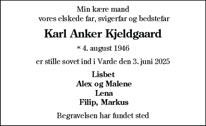 Dødsannonce for Karl Anker Kjeldgaard