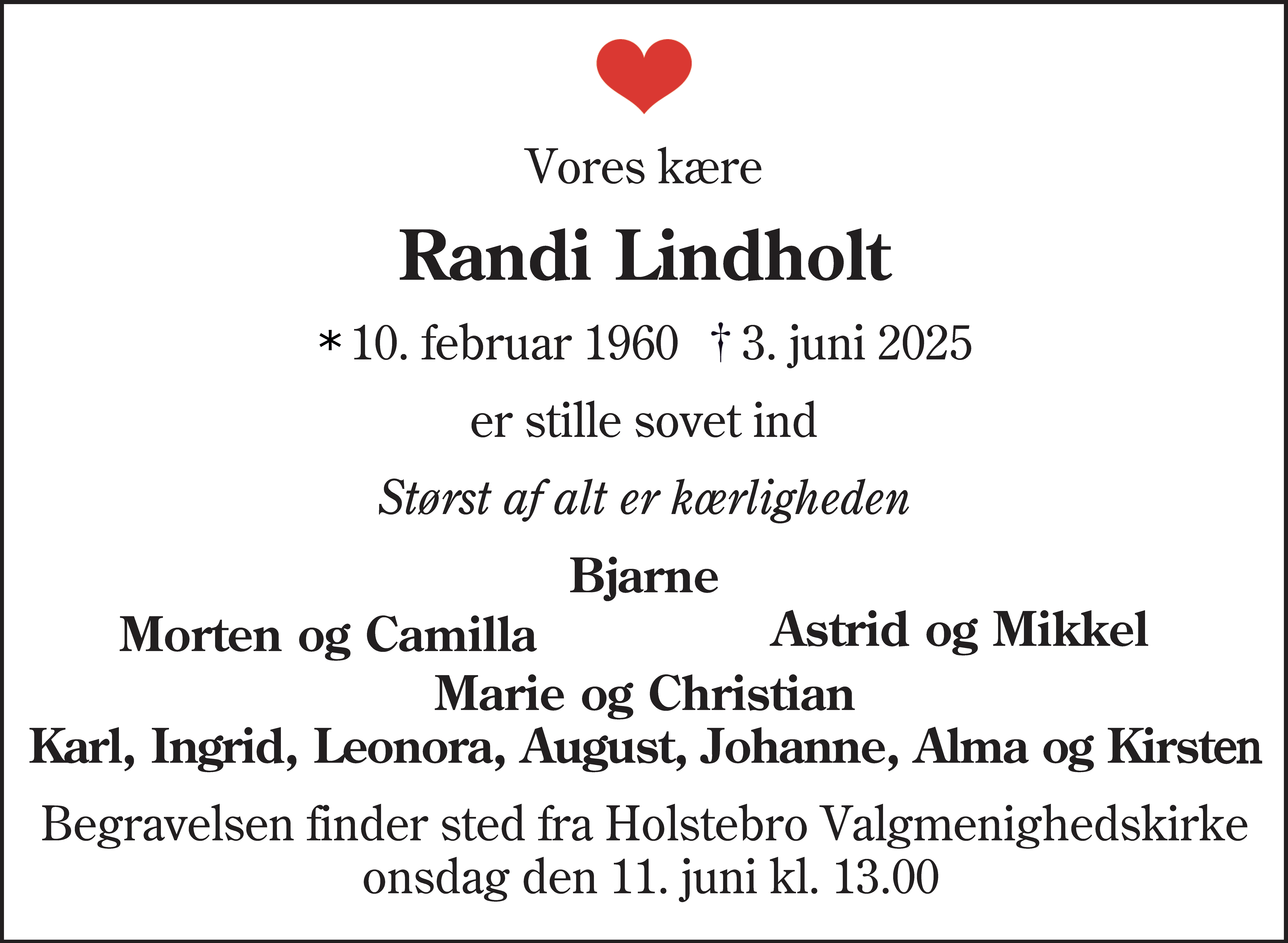 Dødsannonce for Randi Lindholt