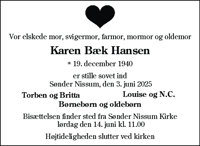 Dødsannonce for Karen Bæk Hansen