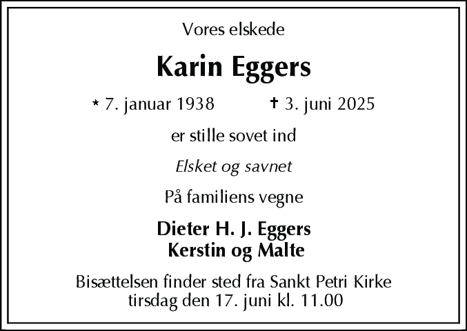 Dødsannonce for Karin Eggers