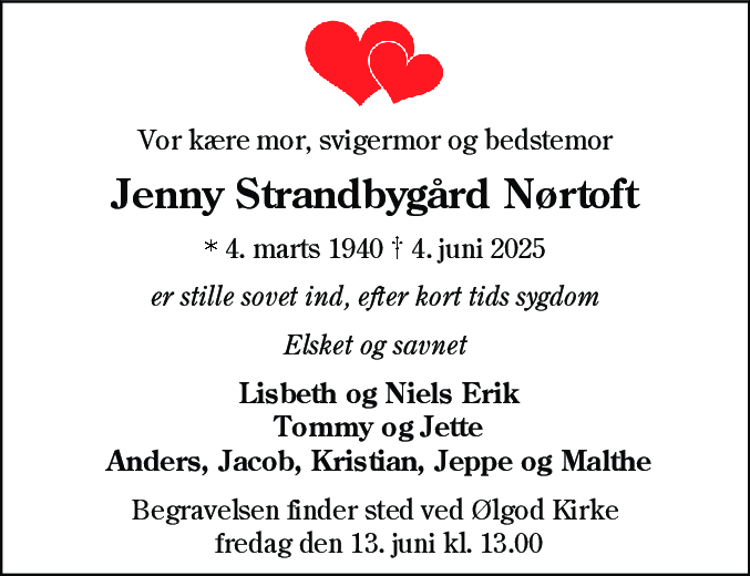 Dødsannonce for Jenny Strandbygård Nørtoft