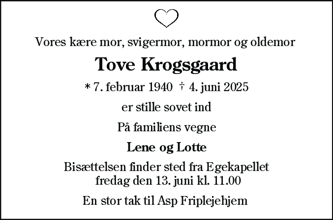 Dødsannonce for Tove Krogsgaard
