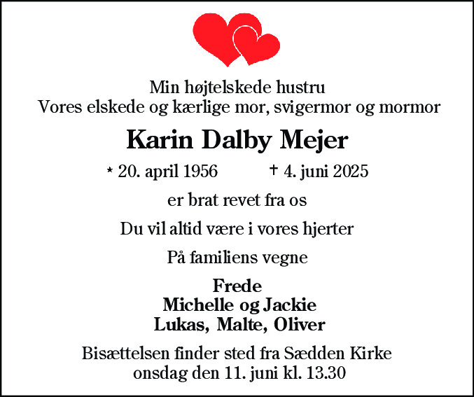 Dødsannonce for Karin Dalby Mejer