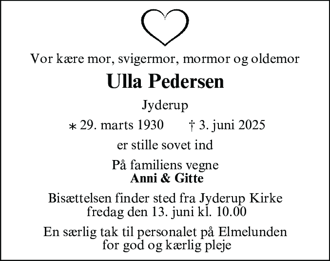 Dødsannonce for Ulla Nancy Agathe Pedersen