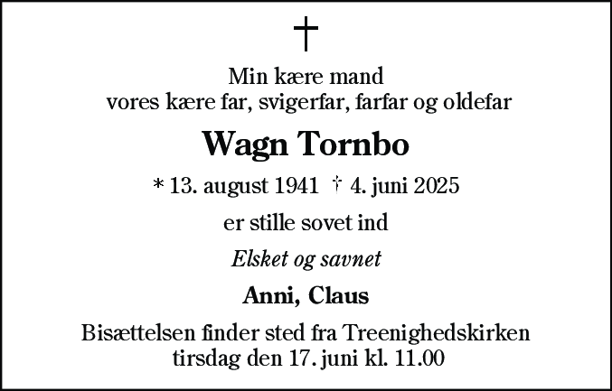 Dødsannonce for Wagn Tornbo
