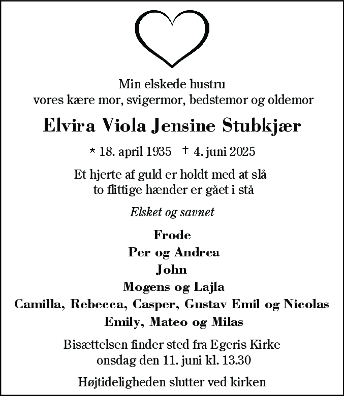 Dødsannonce for Elvira Viola Jensine Stubkjær