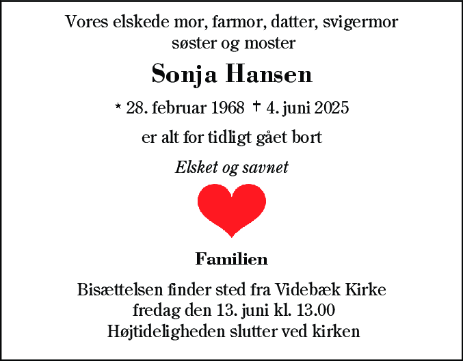 Dødsannonce for Sonja Hansen