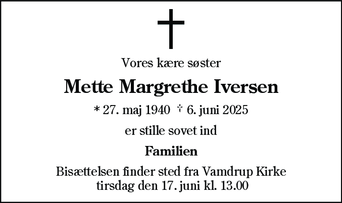 Dødsannonce for Mette Margrethe Iversen
