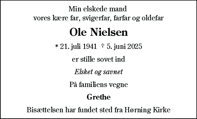 Dødsannonce for Ole Nielsen