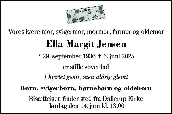 Dødsannonce for Ella Margit Jensen