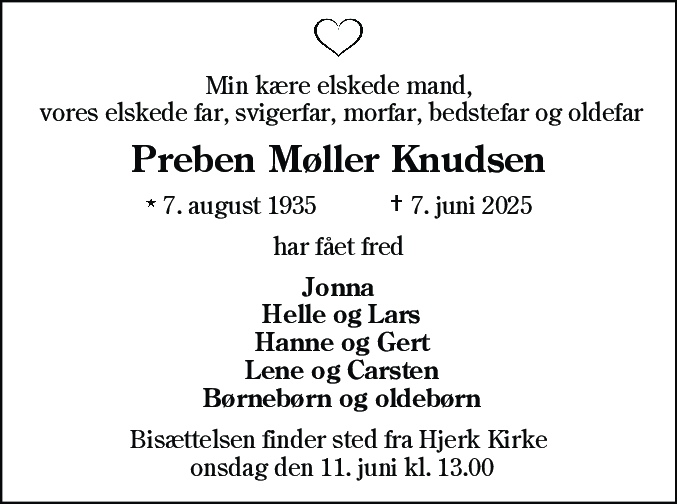 Dødsannonce for Preben Møller Knudsen