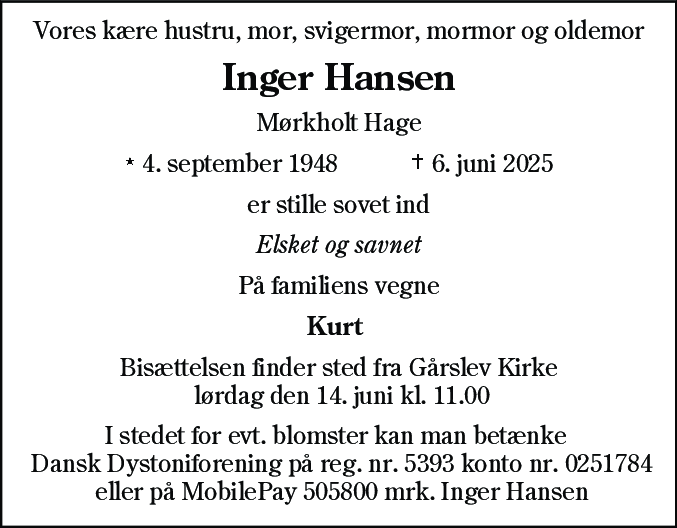 Dødsannonce for Inger Hansen