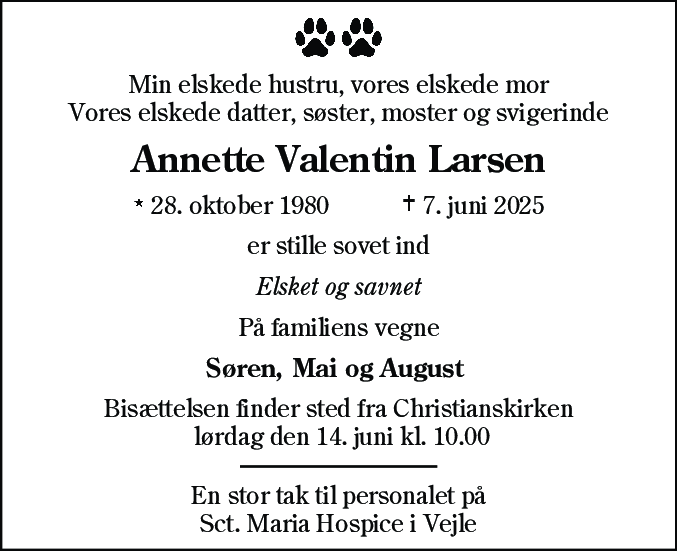 Dødsannonce for Annette Valentin Larsen