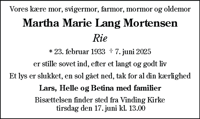 Dødsannonce for Martha Marie Lang Mortensen