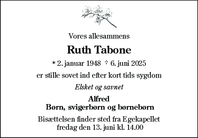 Dødsannonce for Ruth Tabone