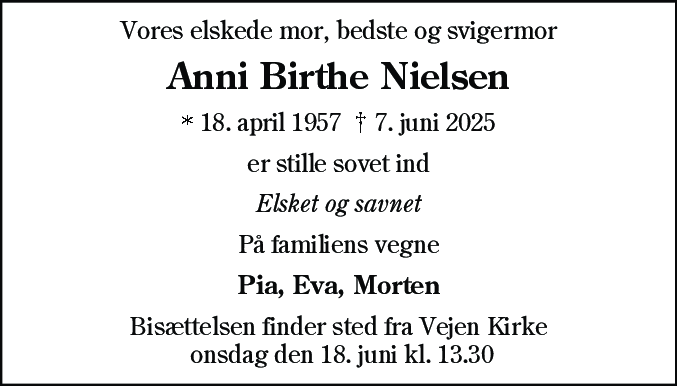 Dødsannonce for Anni Birthe Nielsen