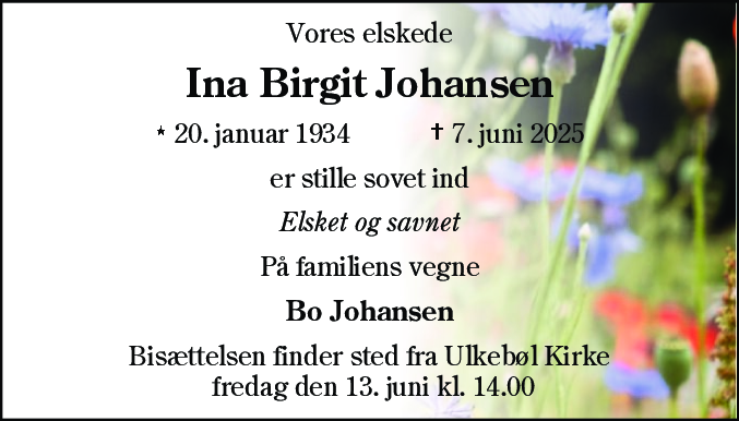 Dødsannonce for Ina Birgit Johansen