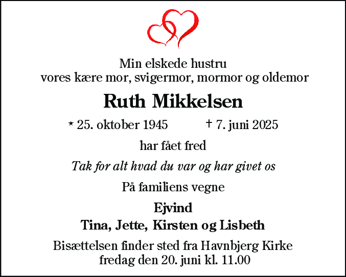 Dødsannonce for Ruth Mikkelsen