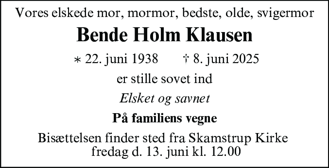 Dødsannonce for Bende Holm Klausen
