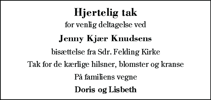 Dødsannonce for Jenny Kjær Knudsen