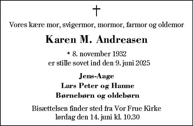 Dødsannonce for Karen Margrethe Andreasen