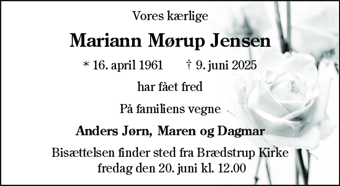 Dødsannonce for Mariann Mørup Jensen