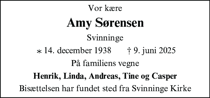 Dødsannonce for Amy Helga Sørensen