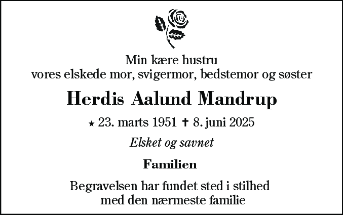Dødsannonce for Herdis Aalund Mandrup