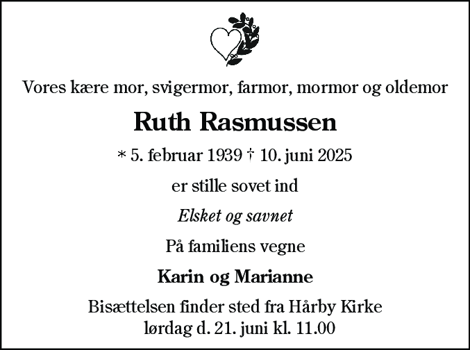 Dødsannonce for Ruth Kirstine Rasmussen