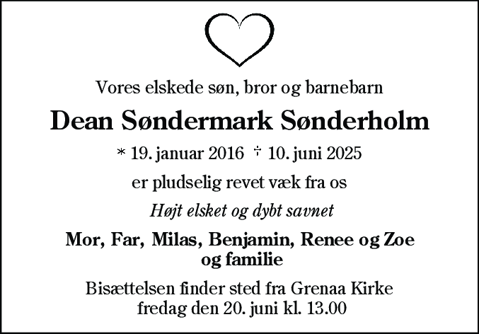 Dødsannonce for Dean Søndermark Sønderholm