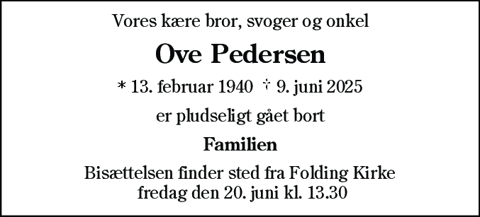 Dødsannonce for Ove Pedersen