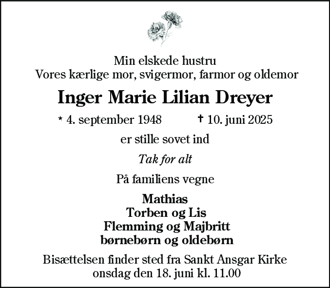 Dødsannonce for Inger Marie Lilian Dreyer
