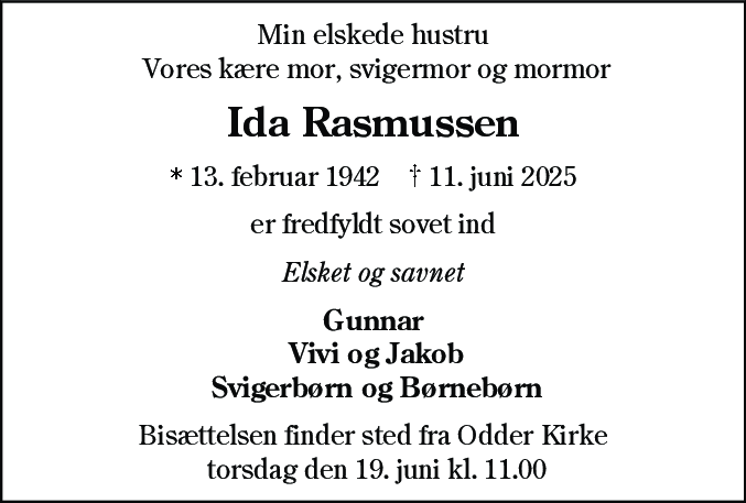 Dødsannonce for Ida Rasmussen