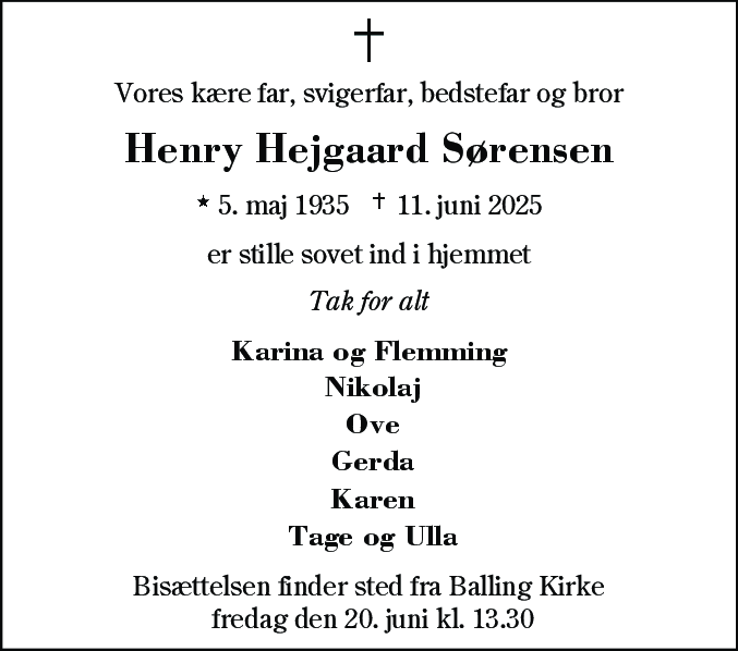 Dødsannonce for Henry Hejgaard Sørensen