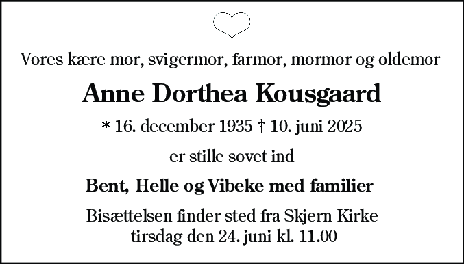 Dødsannonce for Anne Dorthea Kousgaard