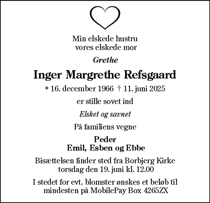 Dødsannonce for Inger Margrethe Refsgaard