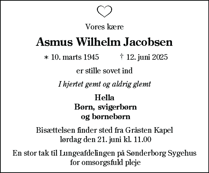 Dødsannonce for Asmus Wilhelm Jacobsen