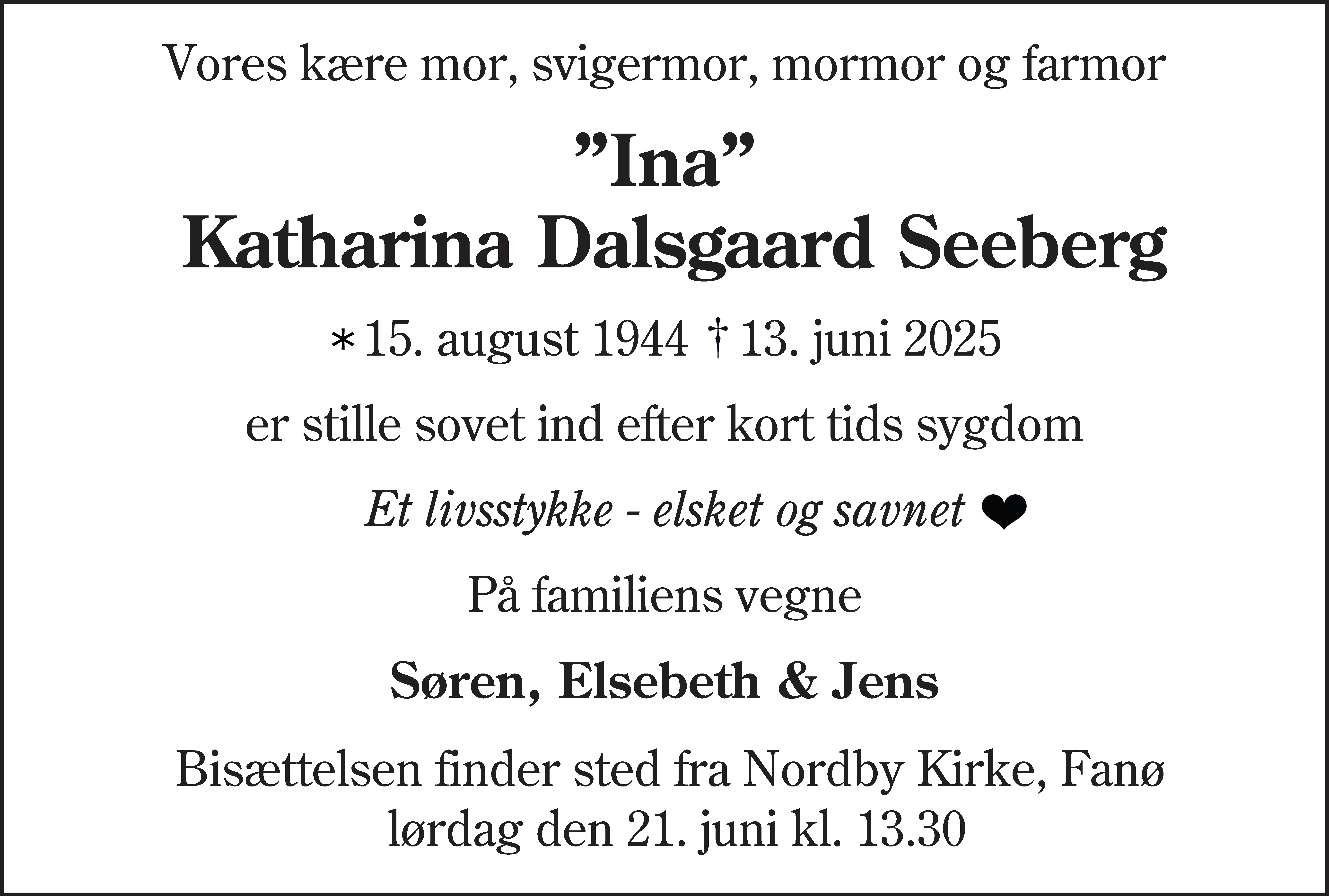 Dødsannonce for Katharina Dalsgaard Seeberg