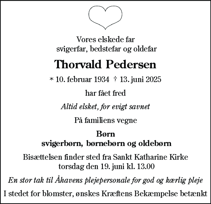 Dødsannonce for Thorvald Pedersen