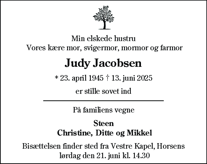Dødsannonce for Judy Ingelise Jacobsen